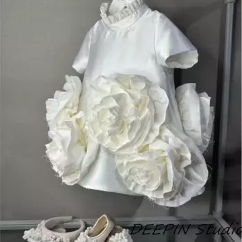 Новинка 2024 года, роскошное белое розовое Цветочное платье в стиле джедгейта, праздничная Свадебная детская одежда, яркий костюм, одежда для маленьких девочек