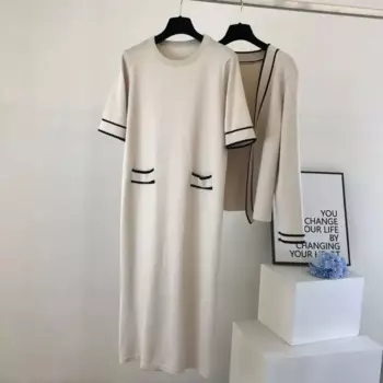 Новинка 2024, изящное трикотажное женское прямое платье с круглым вырезом и коротким рукавом + кардиган, одежда, костюм контрастных цветов