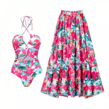 Новинка 2024, комплект бикини из двух предметов, женский купальник, сексуальный купальник-бикини с лямкой на шее, купальник с высокой талией, летняя пляжная юбка, купальный костюм, платье