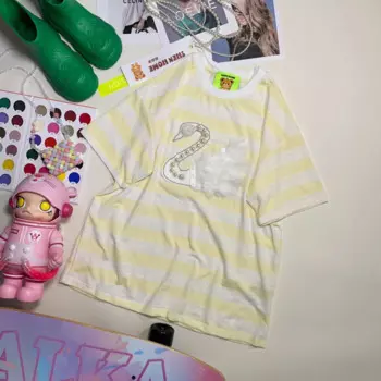 Новинка 2024, корейский ленивый дизайн, плюшевые бусины для ногтей, тонкая полосатая футболка с коротким рукавом