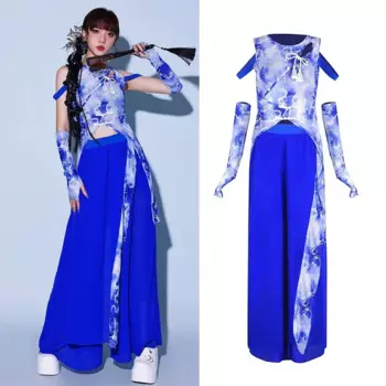 Новинка 2024, костюмы для джазовых танцев в китайском стиле, современная танцевальная одежда для взрослых, Kpop, женский групповой танцевальный костюм, синий наряд XH296