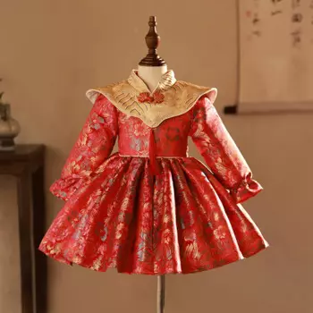 Новинка 2024, красное Новогоднее платье для девочек в античном стиле, высококачественное жаккардовое платье принцессы с длинным рукавом