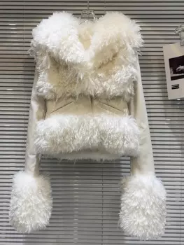 Новинка 2024, модная дизайнерская куртка, женская кожаная куртка в стиле пэчворк с мехом ягненка