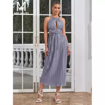 Новинка 2024, модное женское сексуальное облегающее платье-миди с лямкой на шее MSMUSI, без рукавов