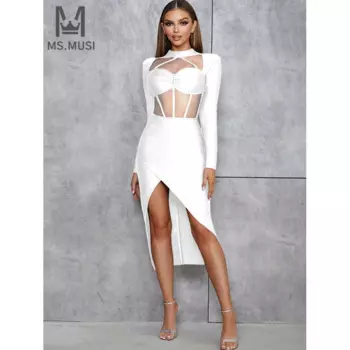 Новинка 2024, модное женское сексуальное однотонное кружевное Сетчатое облегающее платье-миди с длинным рукавом и разрезом