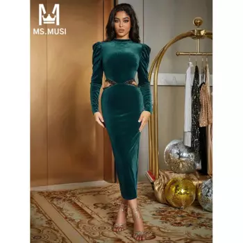 Новинка 2024, модное женское сексуальное однотонное кружевное Сетчатое облегающее платье-миди с длинным рукавом