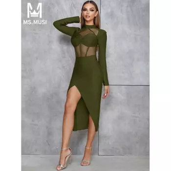 Новинка 2024, модное женское сексуальное однотонное кружевное Сетчатое облегающее платье-миди с длинным рукавом и разрезом