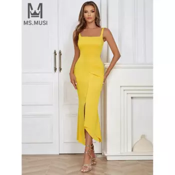 Новинка 2024, модное женское сексуальное однотонное простое Драпированное Платье-миди без рукавов с разрезом