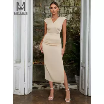 Новинка 2024, модное женское сексуальное платье-миди с V-образным вырезом и кристаллами