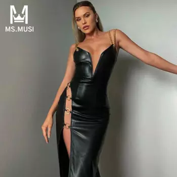 Новинка 2024, модное женское сексуальное платье MSMUSI на цепочке из искусственной кожи, облегающее платье-макси без рукавов с разрезом и открытой спиной, длинное платье