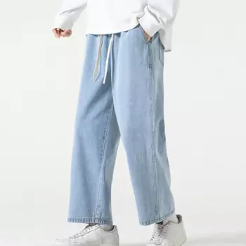 Новинка 2024, модные мужские повседневные джинсы в Корейском стиле длиной до щиколотки, классические мужские прямые джинсовые брюки с широкими штанинами, синие, серые, черные девятые брюки