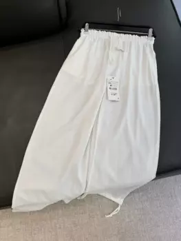 Новинка 2024, модные женские свободные льняные смешанные белые повседневные брюки в стиле ретро с заниженной талией и боковыми карманами, женские брюки