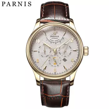 Новинка 2024, мужские часы Parnis с кожаным ремешком и сапфировым стеклом, 43 мм