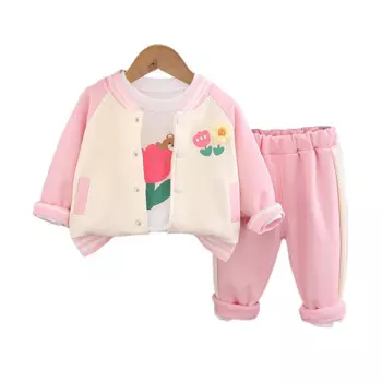 Новинка 2024, одежда для маленьких девочек на весну и осень, однобортный Кардиган от 1 до 2 лет, куртка + футболка + брюки, эксклюзивная Одежда для девочек
