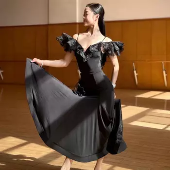 Новинка 2024, одежда для соревнований для бальных танцев, женское черное сексуальное боди, юбка-годе, костюм, женская одежда DQS16013