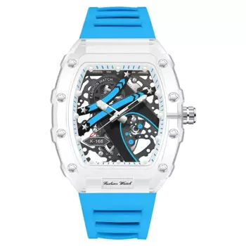 Новинка 2024, оригинальные мужские часы, роскошные брендовые прозрачные часы, синие силиконовые кварцевые автоматические часы, мужские наручные часы Tonneau