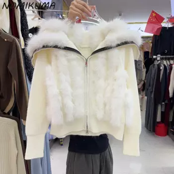 Новинка 2024, осенне-зимняя вязаная куртка Nomikuma из искусственного меха, женский короткий свитер на молнии с отложным воротником, кардиган, Топ