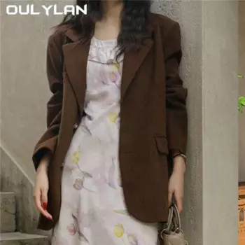 Новинка 2024, Осенний вельветовый костюм, куртка для женщин, Повседневная Свободная верхняя одежда в стиле ретро, дизайнерский темпераментный женский костюм средней длины, пальто