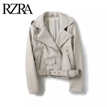 Новинка 2024, осенняя классическая женская мотоциклетная куртка RZRA с ремнем, съемная эполета, кожаная женская куртка