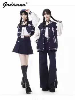 Новинка 2024, осенняя кожаная темно-синяя кожаная бейсбольная куртка в стиле пэчворк, женская короткая юбка и брюки в студенческом стиле, комплект одежды