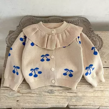 Новинка 2024, осенняя одежда для маленьких девочек, свитер для новорожденных девочек, пальто с длинным рукавом и принтом, вязаный кардиган для маленьких девочек