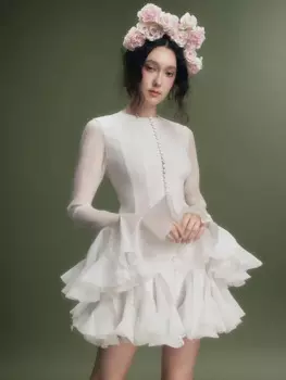 Новинка 2024, осенняя женская одежда Ailigou, Белое и черное сексуальное мини-платье с круглым вырезом и расклешенными рукавами, элегантное женское платье