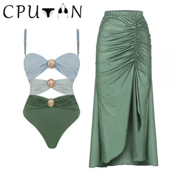 Новинка 2024, пикантный комплект бикини CPUTAN, Бразильское бикини с золотым принтом, женский купальник, юбка, купальный костюм, летнее пляжное платье для девочек