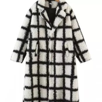 Новинка 2024, полосатая клетчатая свободная и удлиненная шерстяная куртка