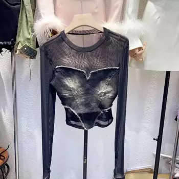 Новинка 2024, привлекательная женская прозрачная джинсовая футболка с круглым вырезом и сеткой в стиле пэчворк