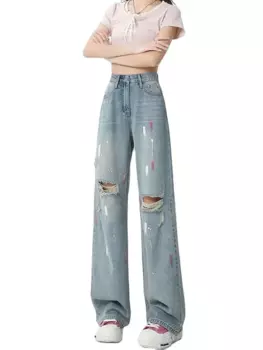 Новинка 2024, рваные джинсы, женские мешковатые джинсы, винтажные уличные брюки в стиле Харадзюку, прямые джинсовые брюки с высокой талией, уличная одежда Y2k