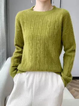 Новинка 2024, стильные вязаные пуловеры из 100% мериносовой шерсти, женский свитер с круглым вырезом, осенне-зимний женский свободный джемпер с длинным рукавом, одежда