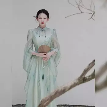 Новинка 2024, улучшенный китайский стиль, Ципао, Женский Осенний шифоновый Сказочный чонсам, танцевальные костюмы, платье, Восточное танцевальное платье