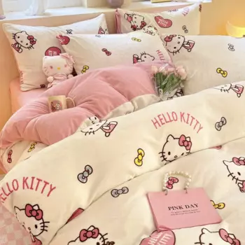 Новинка 2024, утолщенная бархатная кровать с рисунком «Hello Kitty», комплект из четырех предметов, зимний фланелевой пододеяльник Kuromi, общежитие для дома