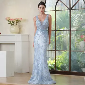 Новинка 2024, винтажное вечернее платье, Элегантное свадебное платье с глубоким V-образным вырезом, бусинами и жемчужинами, кристаллами и цветами, женское платье