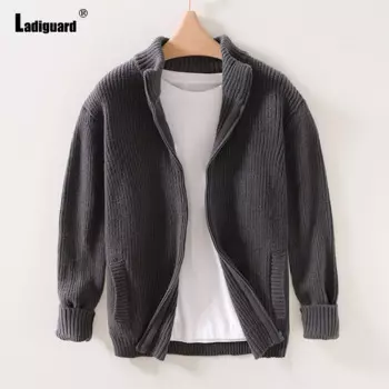 Новинка 2024, вязаные свитера Ladiguard, мужские джемперы, зимние теплые пальто, мужские Базовые кардиганы, свитер на молнии с воротником-стойкой