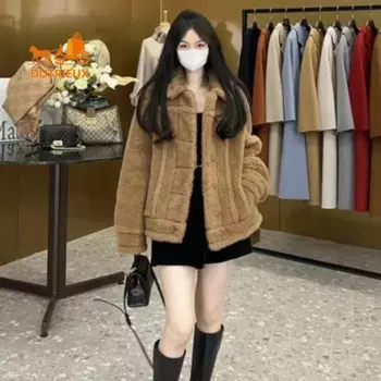 Новинка 2024, высококачественное Женское пальто Тедди, 62% альпака, 24% шерсть, 12% шелк, роскошная зимняя Байкерская утепленная укороченная куртка с мехом для женщин