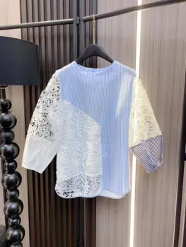 Новинка 2024, женская модная пикантная Повседневная кружевная полосатая рубашка с длинным рукавом и прострочкой