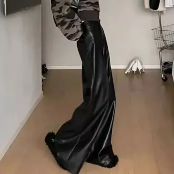Новинка 2024, женские брюки из искусственной кожи на осень и зиму, облегающие черные повседневные широкие брюки с высокой талией
