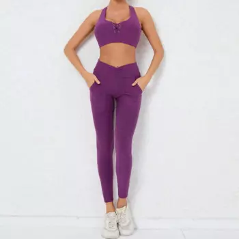 Новинка 2024, Женский комплект для йоги из двух предметов, одежда для фитнеса, сексуальные бюстгальтеры с перекрестными бретельками, длинные брюки с левым и правым карманами