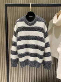 Новинка 2024, женский модный пикантный Повседневный мохеровый полосатый свитер с длинным рукавом