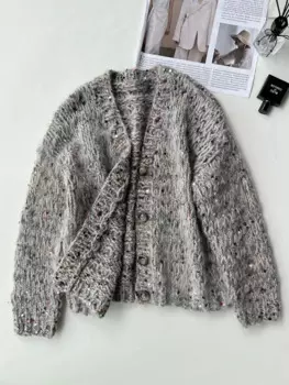 Новинка 2024, женский модный пикантный Повседневный трикотажный кардиган с длинными рукавами и бусинами