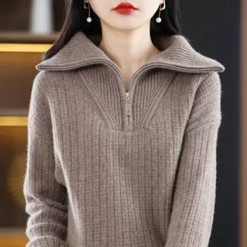 Новинка 2024, женский утолщенный свитер из 100% чистой шерсти на молнии, свободный ленивый пуловер, вязаный свитер с воротником-поло для похудения