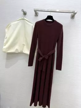 Новинка 2024, женское модное шерстяное платье с длинным рукавом и круглым вырезом