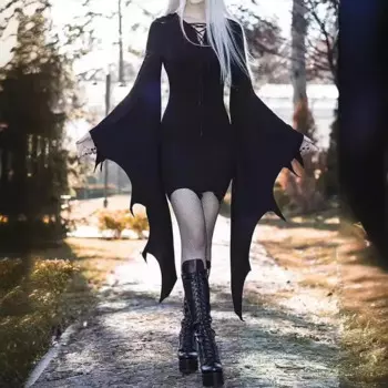 Новинка 2024 женское платье в европейском и американском стиле на Хэллоуин в готическом стиле женское однотонное асимметричное платье со шнуровкой и рукавом летучая мышь