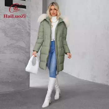 Новинка 2024, Женское зимнее пальто HaiLuoZi, однотонная теплая Женская куртка, модное женское пальто с капюшоном и карманами, 1325