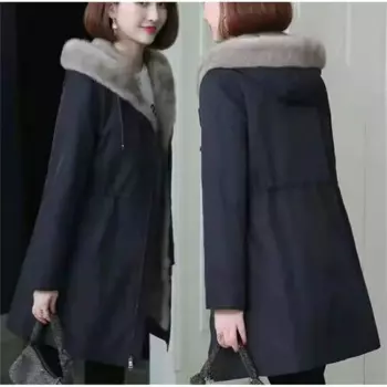Новинка 2024, Зимняя парка, Женская куртка средней длины, женское Трендовое пальто в Корейском стиле с искусственным мехом норки и подкладкой из искусственного меха, Женское пальто с капюшоном