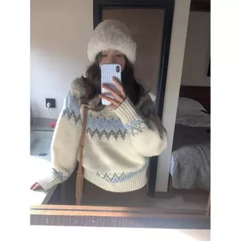 Новинка 2025 года, винтажный свитер с принтом, женские вязаные пуловеры большого размера, зимние эстетические джемперы с длинными рукавами, корейский трикотаж