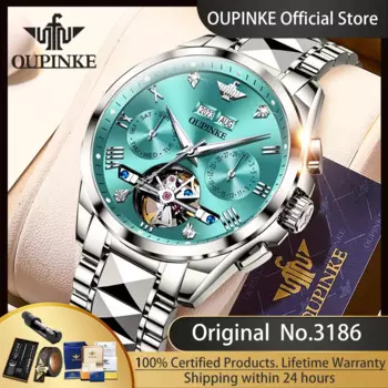 Новинка 3186, роскошные механические часы OUPINKE для мужчин, автоматические мужские наручные часы-скелетоны с маховиком, водонепроницаемые светящиеся мужские часы с датой