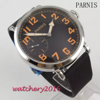 Новинка 46 мм черный циферблат Parnis с оранжевыми цифрами из нержавеющей стали полированный чехол механические ручные наручные часы с механизмом 6497 мужские наручные часы