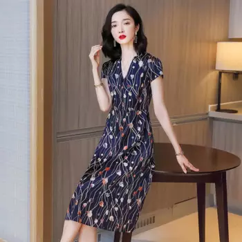Новинка 9151, шелковое женское платье с вертикальным рисунком, контрастное шелковое стройнящее платье с коротким рукавом